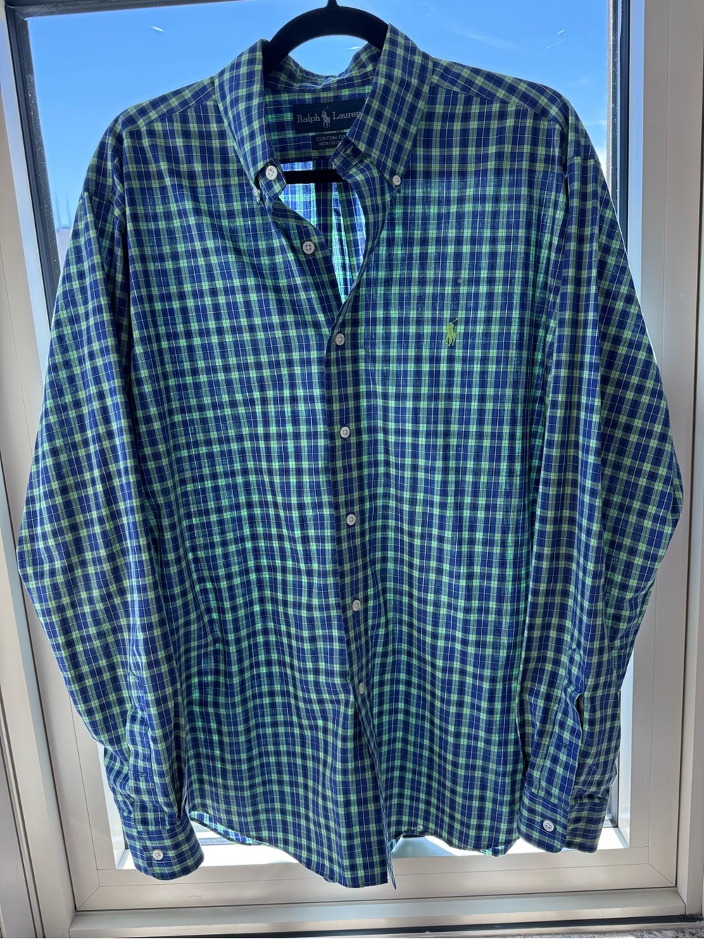 LIKE NEW Ralph Lauren Men's Custom Fit Green & Blue Plaid Button-Down Shirt - L